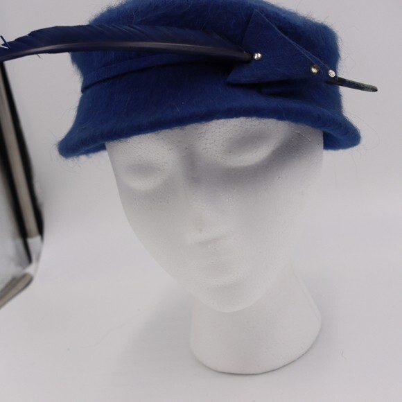 Vintage Wool Hat Blue Pillbox Hat Feather Melusse Church Hat - Picture 2 of 7